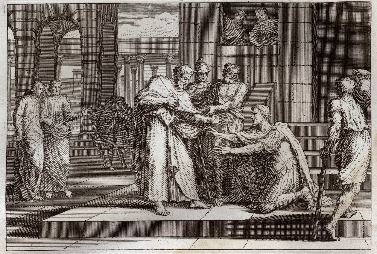 Biblia de Royaumont, Nuevo Testamento: Cornelio se bautiza. El centurión recibe la fe de Jesucristo y es bautizado por San Pedro. Ilustración de 1811. de Unknown artist