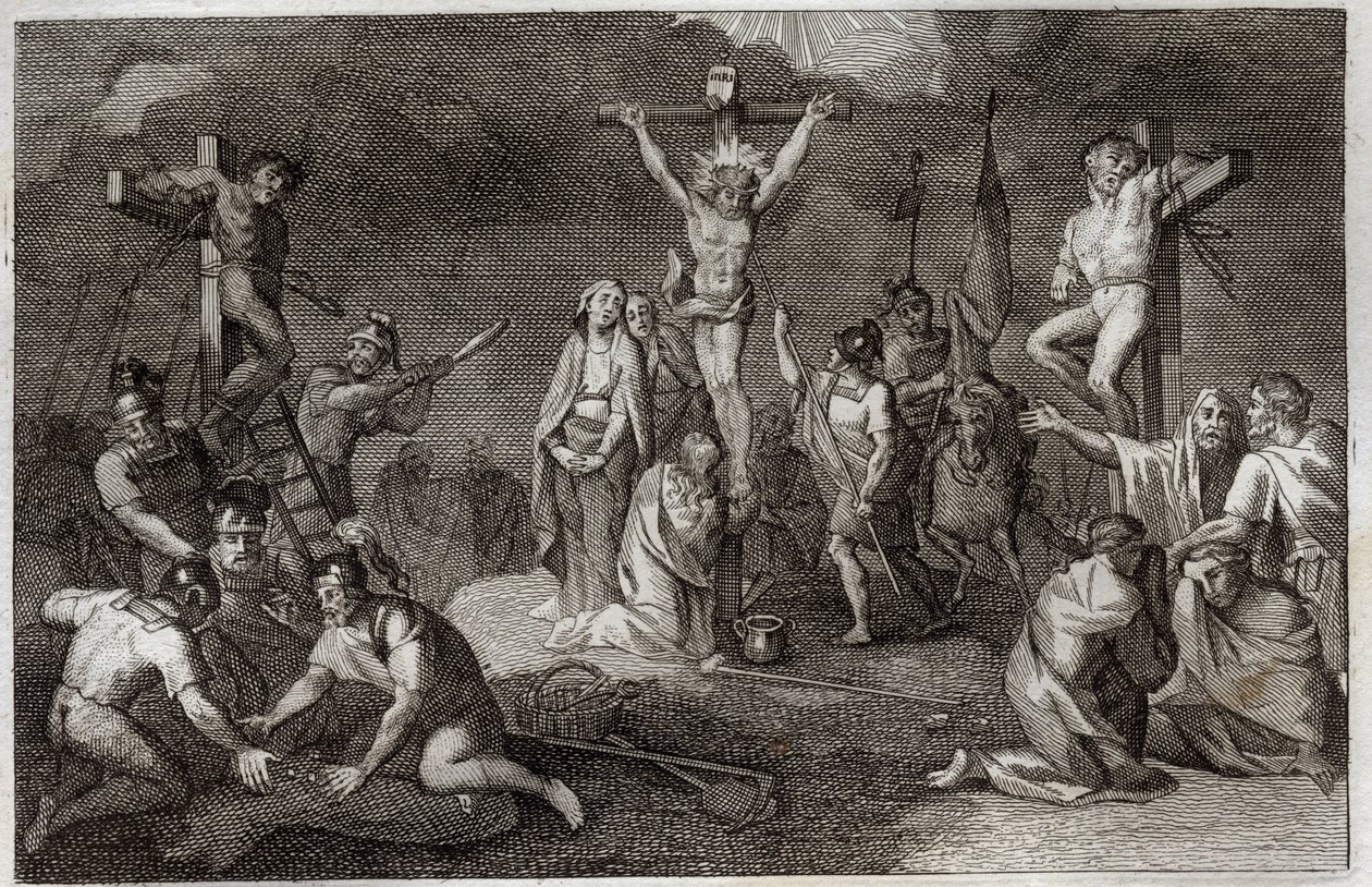 Biblia de Royaumont, Nuevo Testamento: Crucifixión de Jesucristo. La Virgen María, Santa María Magdalena y San Juan al pie de la cruz, San Longino el Centurión con su lanza, soldados jugando con la túnica de Cristo. de Unknown artist