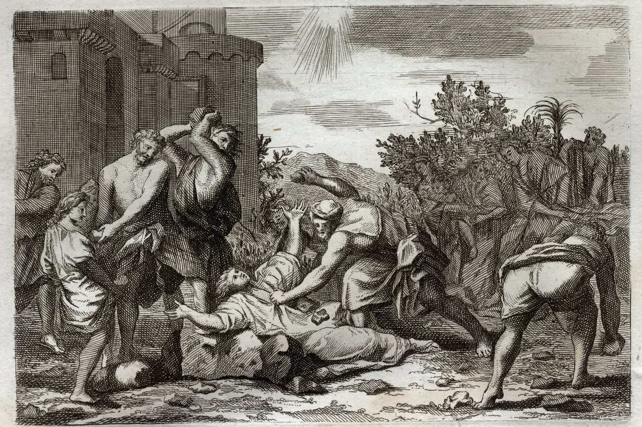 Biblia de Royaumont, Nuevo Testamento: Muerte de San Esteban, primer mártir cristiano, por lapidación. Ilustración de 1811. de Unknown artist