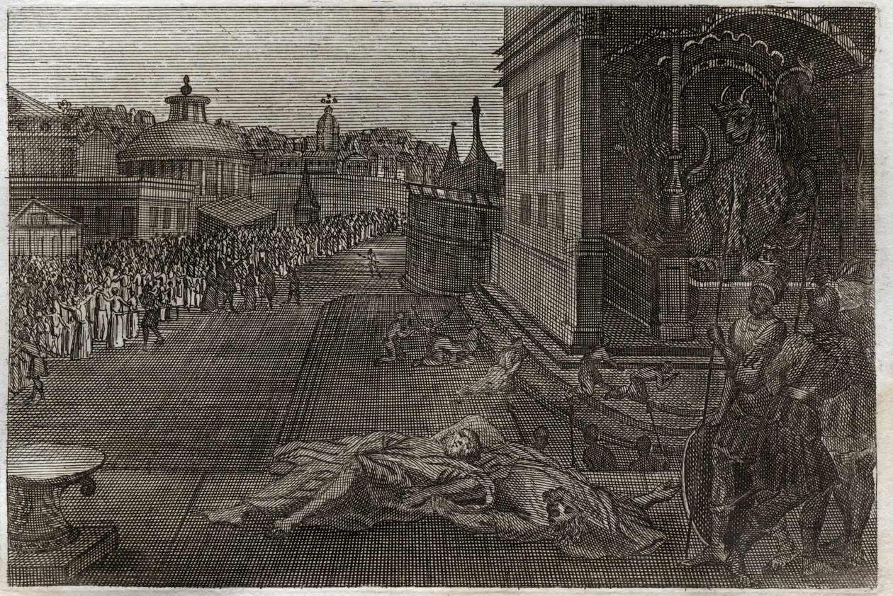 Biblia de Royaumont, Nuevo Testamento: Muerte de los dos Profetas. La visión que tuvo San Juan de dos profetas muertos, que luego resucitaron. Séptima trompeta del Apocalipsis. Ilustración de 1811. de Unknown artist