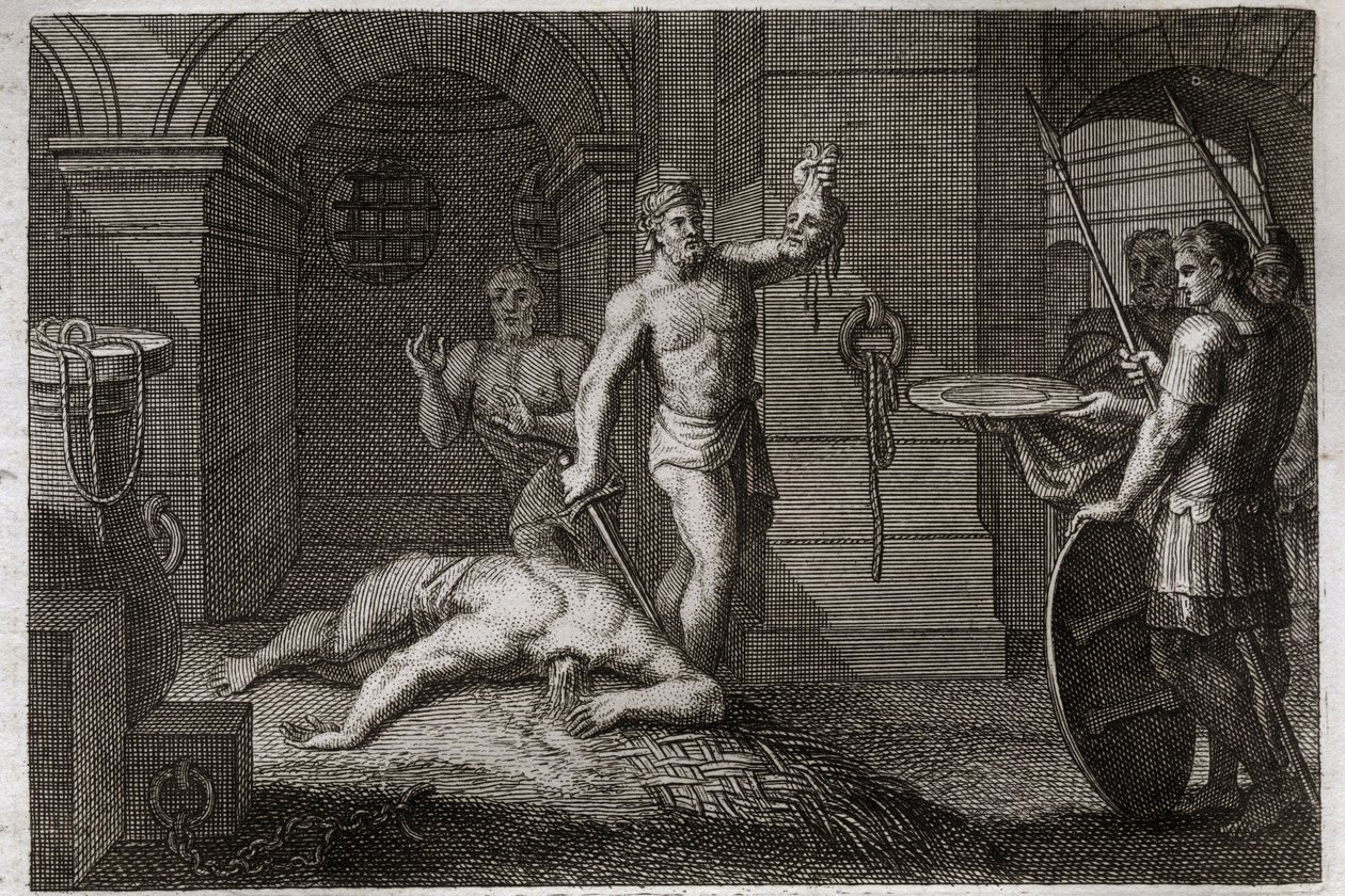 Biblia de Royaumont, Nuevo Testamento: Decapitación de San Juan Bautista. Se pone su cabeza en un plato. Ilustración de 1811. de Unknown artist