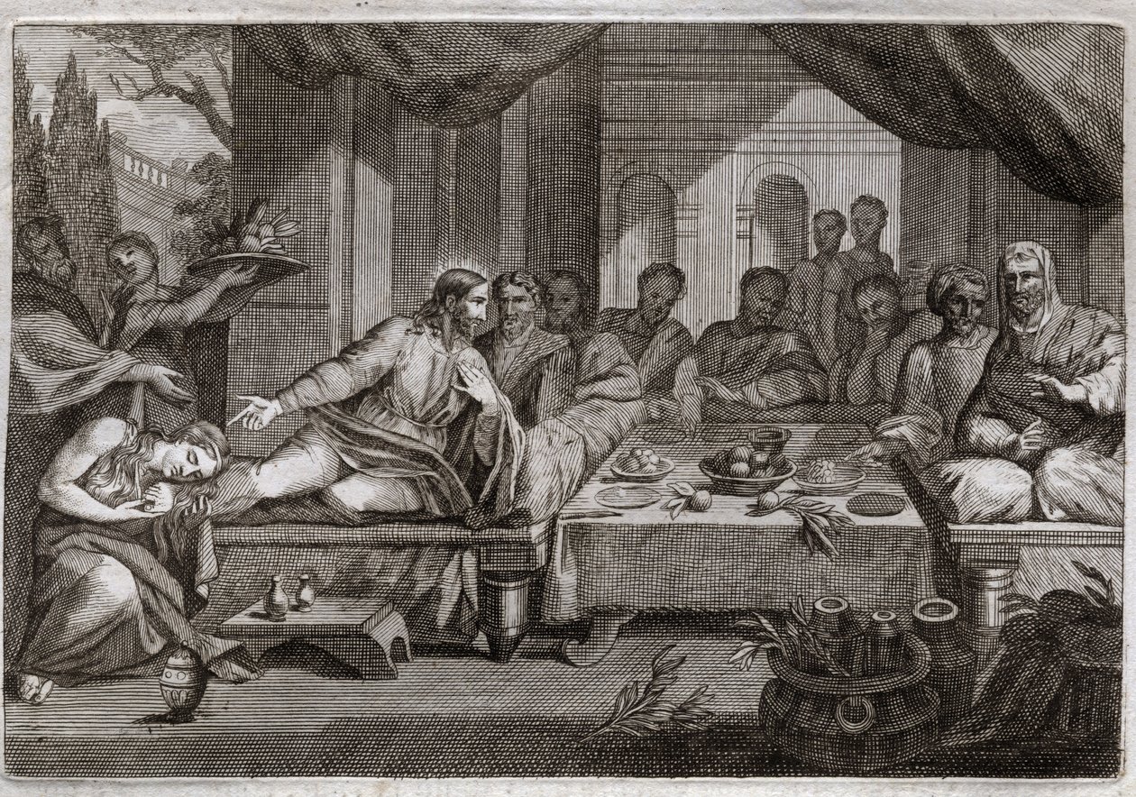 Biblia de Royaumont, Nuevo Testamento: Cena en casa de Simón el Fariseo. María Magdalena fue a llorar a los pies de Jesucristo en casa de Simón el Fariseo y obtuvo el perdón de sus pecados. Ella unge los pies de Cristo con ungüento y los seca con su cabell de Unknown artist