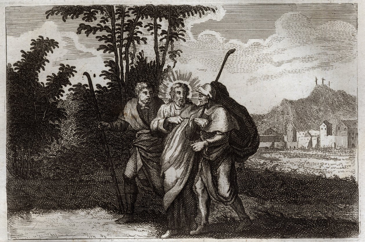 Biblia de Royaumont, Nuevo Testamento: Discípulos de Emaús. Los dos discípulos de Emaús se encuentran con el Cristo resucitado. Ilustración de 1811. de Unknown artist