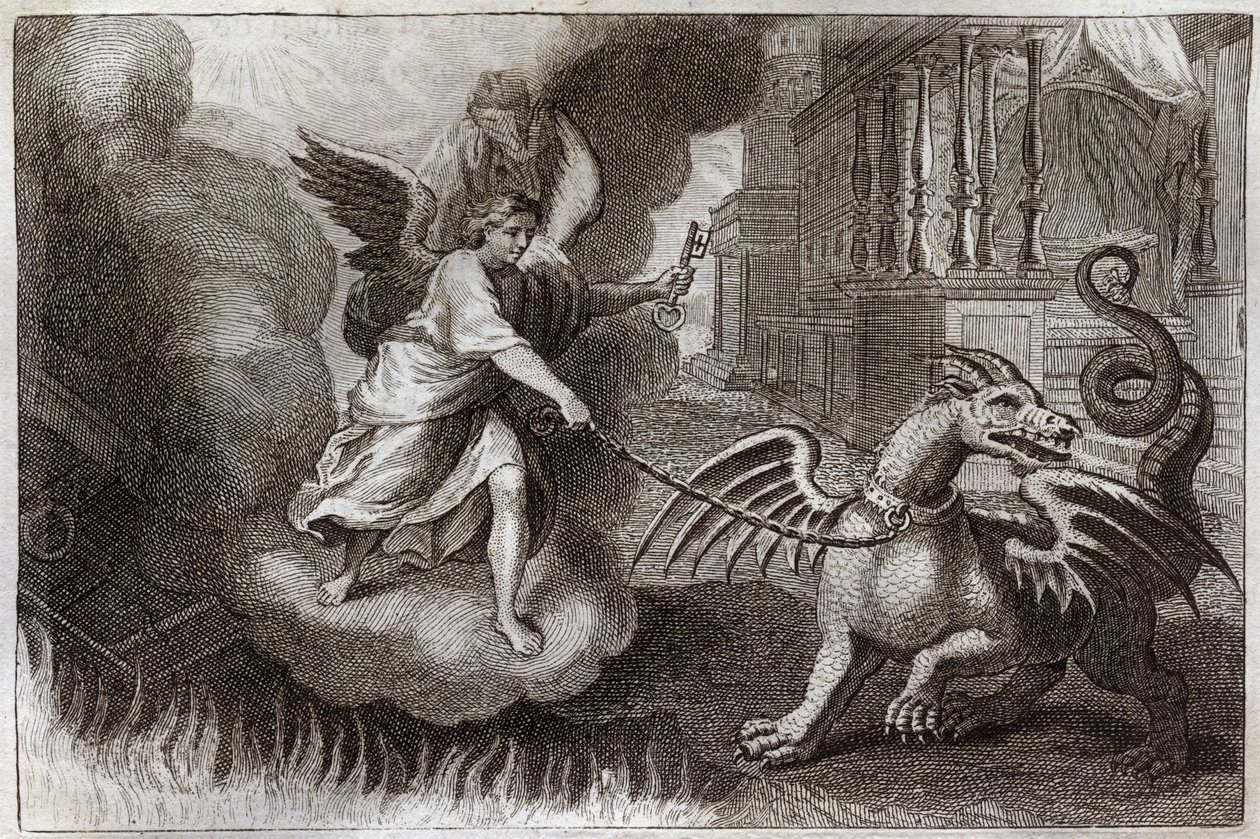 Biblia de Royaumont, Nuevo Testamento: Cadenas del dragón. El dragón del Apocalipsis, símbolo del diablo, es encadenado por un ángel que sostiene la llave del abismo. Ilustración de 1811. de Unknown artist