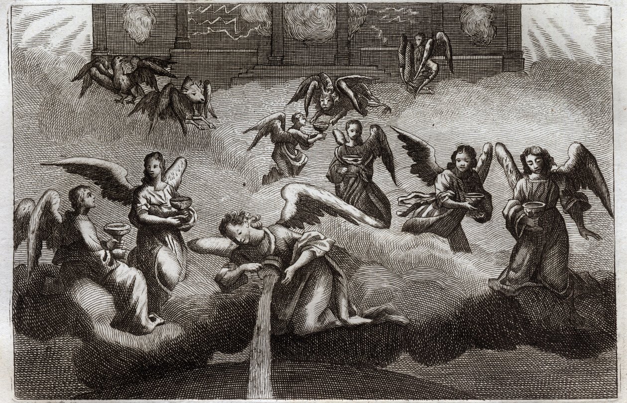 Biblia de Royaumont, Nuevo Testamento: Dragón del Apocalipsis. Siete ángeles derraman el contenido de sus copas, símbolo de la ira de Dios, sobre la tierra. Ilustración de 1811. de Unknown artist