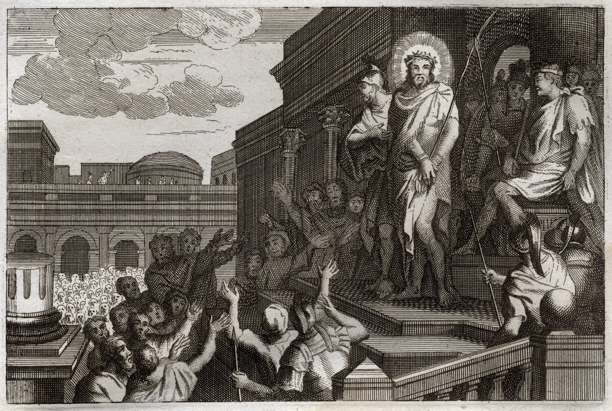 Biblia de Royaumont, Nuevo Testamento: Ecce homo. Poncio Pilato (Poncio Pilato) presenta a Jesucristo con espinas a la multitud diciendo, “Aquí está el Hombre”. Ilustración de 1811. de Unknown artist