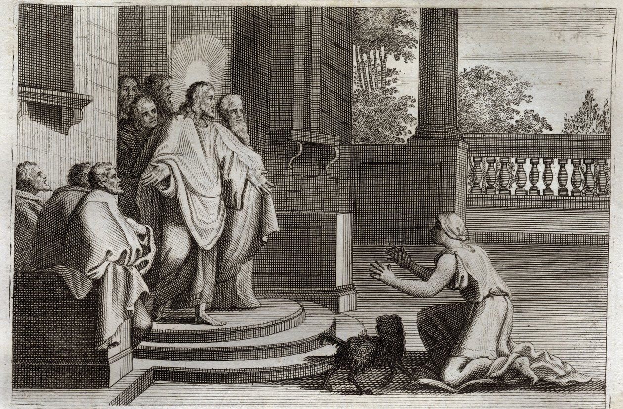 Biblia de Royaumont, Nuevo Testamento: Jesucristo y la mujer de Canaán (La Cananea o la mujer extranjera). Una campesina pide ayuda al Señor para curar a su hija. Cristo le respondió: “Solo fui enviado a las ovejas perdidas de la casa de Israel”. Ilustraci de Unknown artist