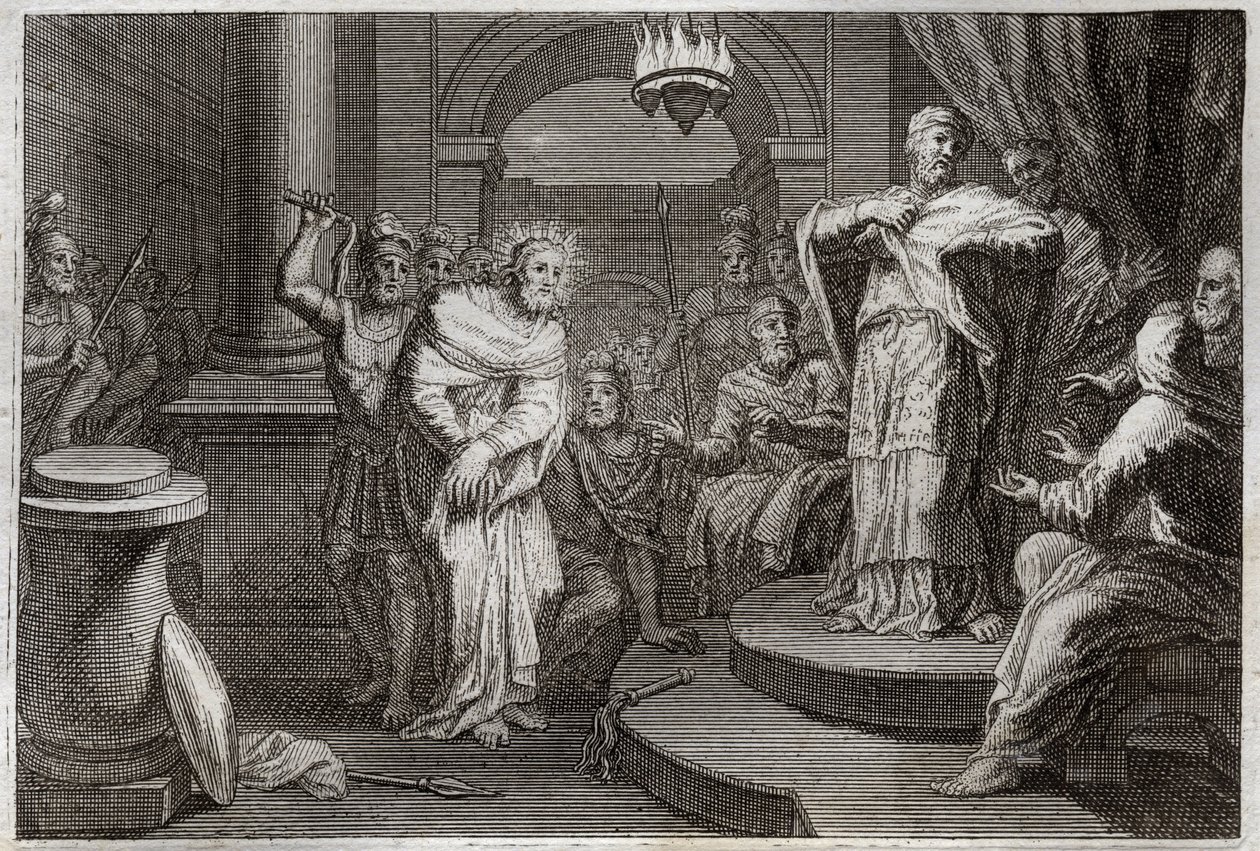 Biblia de Royaumont, Nuevo Testamento: Jesucristo ante Caifás y Anás (Hanan o Ana o Hanne). Ilustración de 1811. de Unknown artist