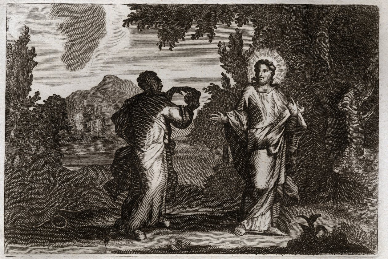 Biblia de Royaumont, Nuevo Testamento: Jesucristo en el desierto. Jesús es llevado al desierto. Ayuna cuarenta días y cuarenta noches. Es tentado por el demonio que lo invita a convertir piedras en pan. Ilustración de 1811. de Unknown artist