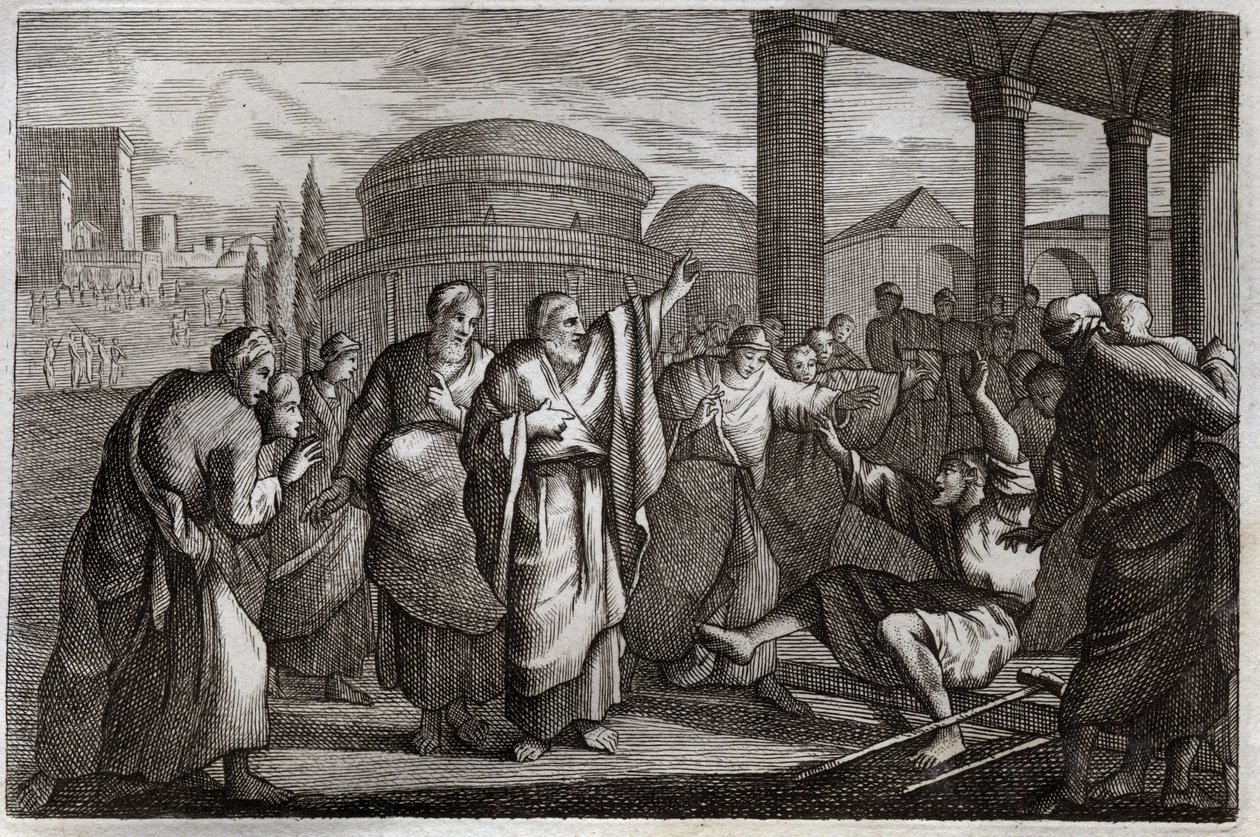 Biblia de Royaumont, Nuevo Testamento: Cojo curado. San Pablo cura a un cojo y detiene a un pueblo que quería sacrificarle como a un dios. Ilustración de 1811. de Unknown artist