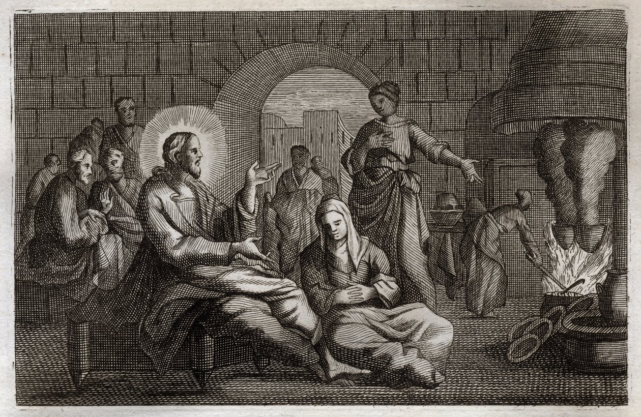 Biblia de Royaumont, Nuevo Testamento: Marta y María. Jesucristo entra en la casa de Marta, quien se apresura a recibirlo mientras su hermana, María de Betania, escucha su palabra. Ilustración de 1811 de Unknown artist