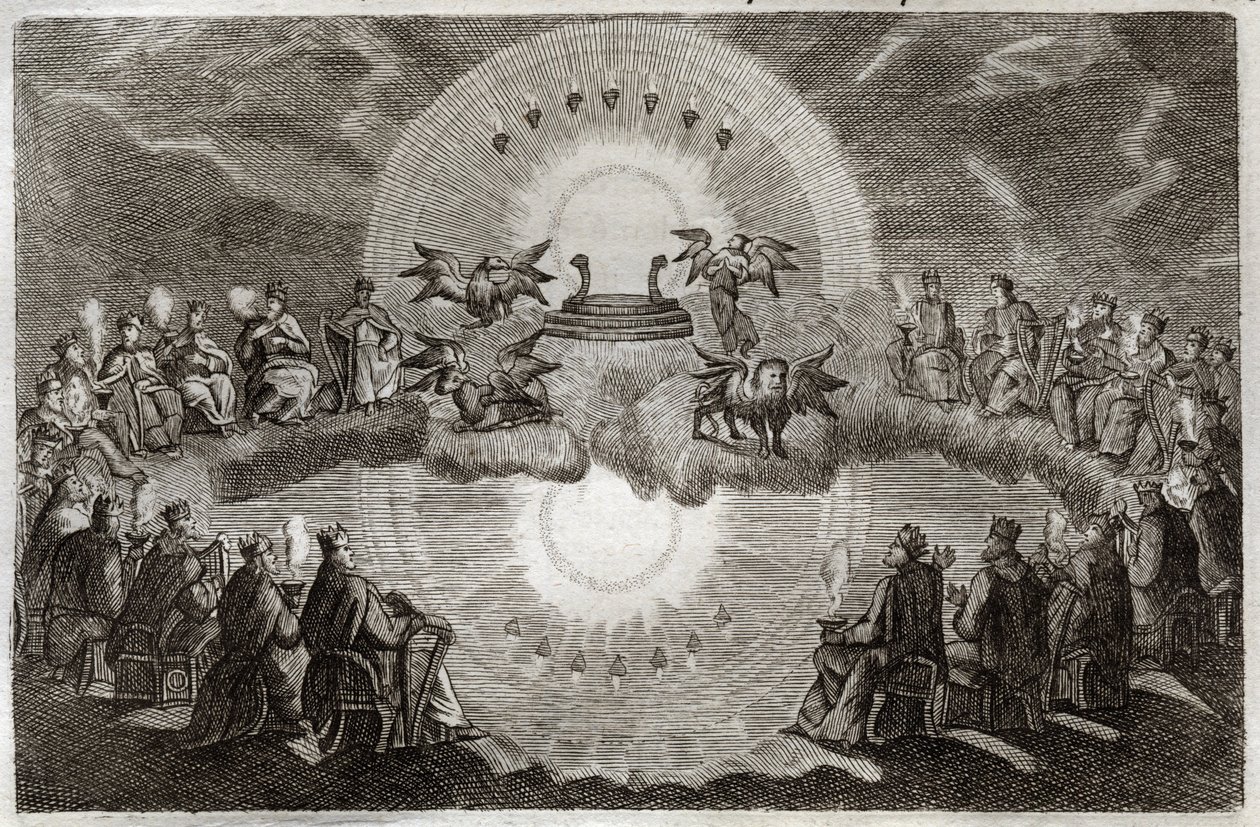 Biblia de Royaumont, Nuevo Testamento: Cielo abierto. Un trono aparece rodeado por un león, un buey, un hombre y un águila (tetramorfo) y siete lámparas. Veinticuatro ancianos sentados en tronos rodean esta visión. Ilustración de 1811 de Unknown artist