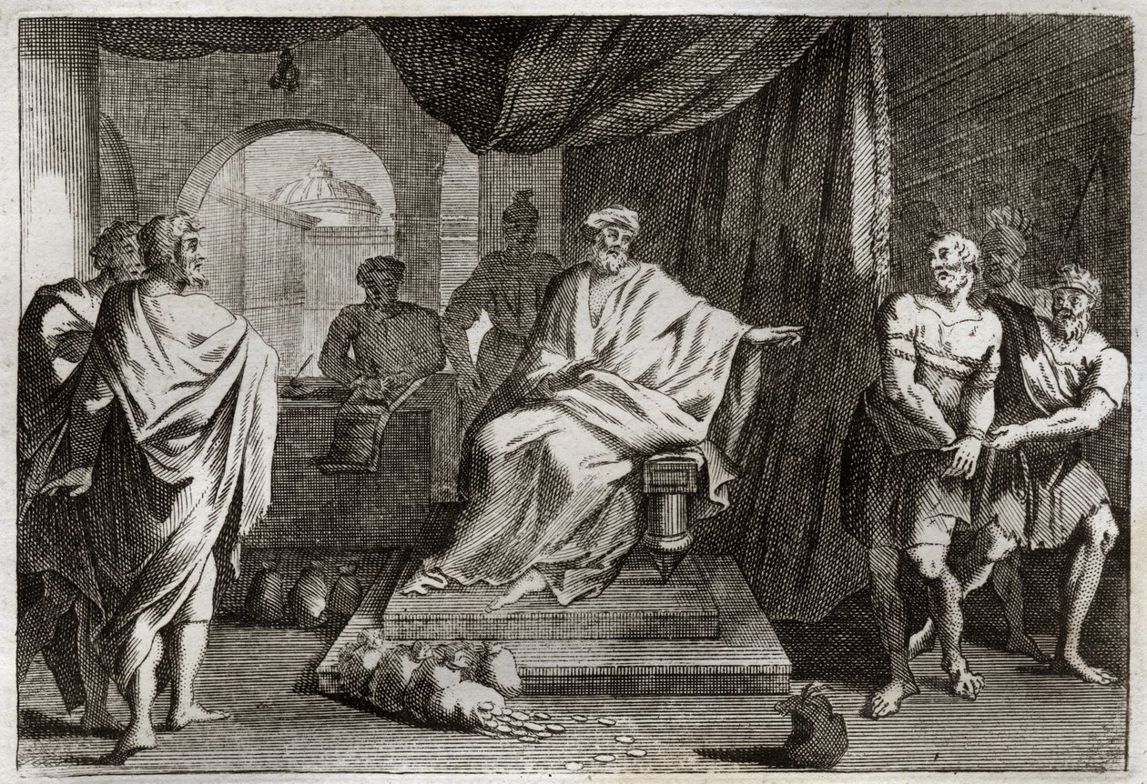 Biblia de Royaumont, Nuevo Testamento: Parábola de los Talentos. Un amo castiga a uno de sus siervos que escondió el dinero que le dio. Ilustración de 1811. de Unknown artist