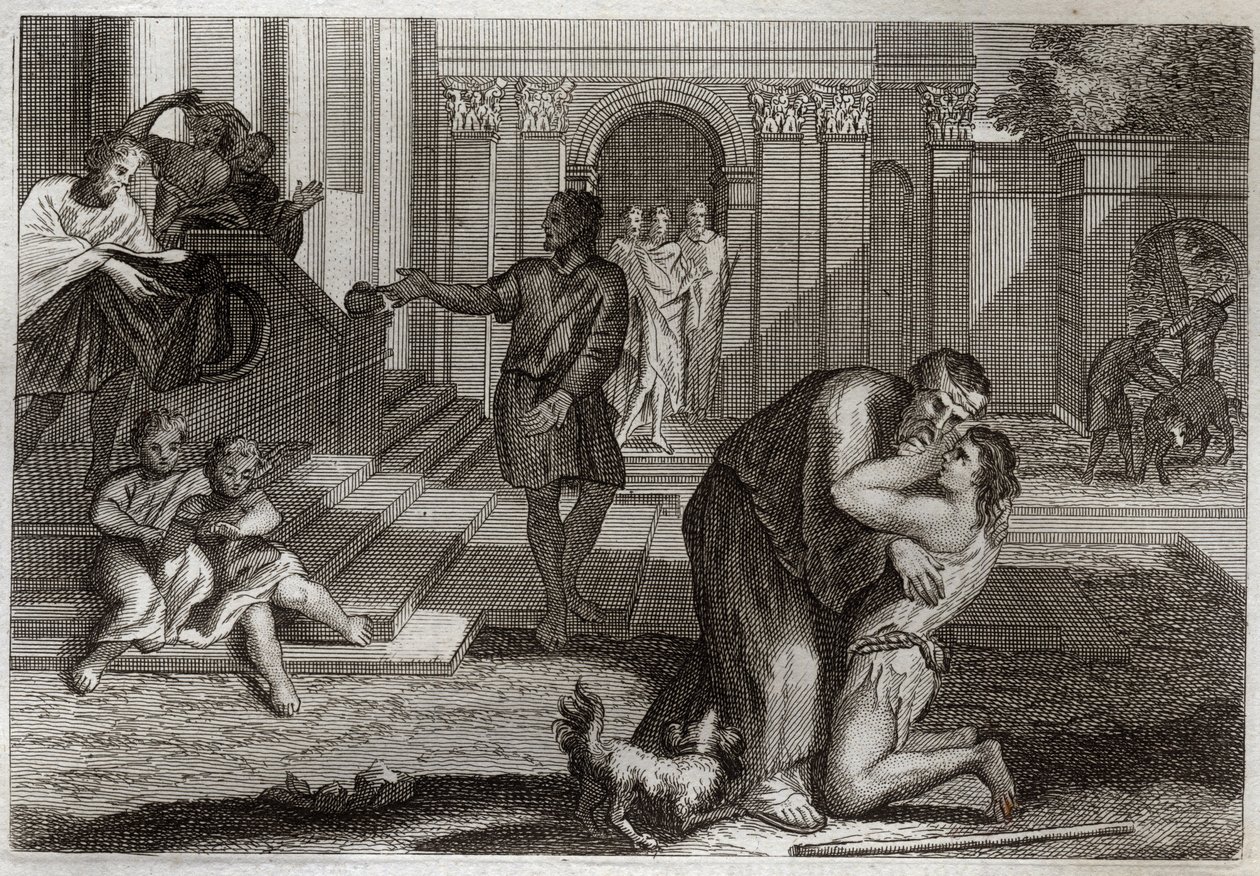 Biblia de Royaumont, Nuevo Testamento: Parábola del hijo pródigo. El hijo regresa a casa después de haber perdido todas sus posesiones. Viene a pedir perdón a su padre. Ilustración de 1811 de Unknown artist