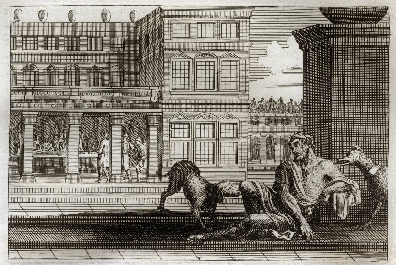 Biblia de Royaumont, Nuevo Testamento: Parábola del rico malvado representa en la mesa al fondo y Lázaro el mendigo, cuyos perros del rico lamen las heridas. Ilustración de 1811 de Unknown artist
