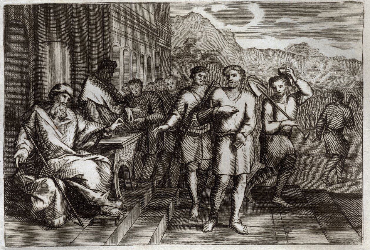 Biblia de Royaumont, Nuevo Testamento: Parábola de los trabajadores de la viña o parábola de los trabajadores de la undécima hora. Trabajadores que el Padre de familia envía a trabajar en su viña. Ilustración de 1811. de Unknown artist