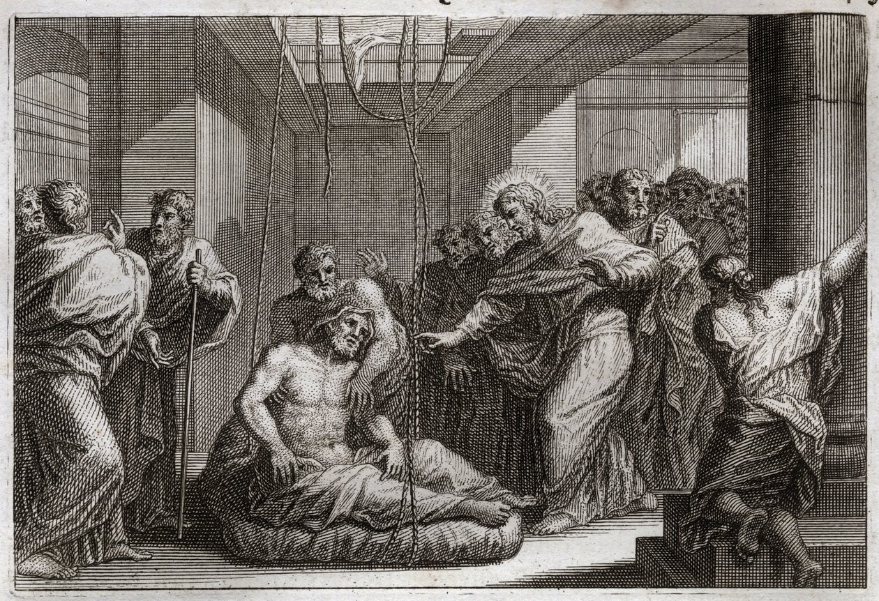 Biblia de Royaumont, Nuevo Testamento: Paralítico. Jesucristo llama a San Mateo y cura a un paralítico en Cafarnaúm. Ilustración de 1811 de Unknown artist