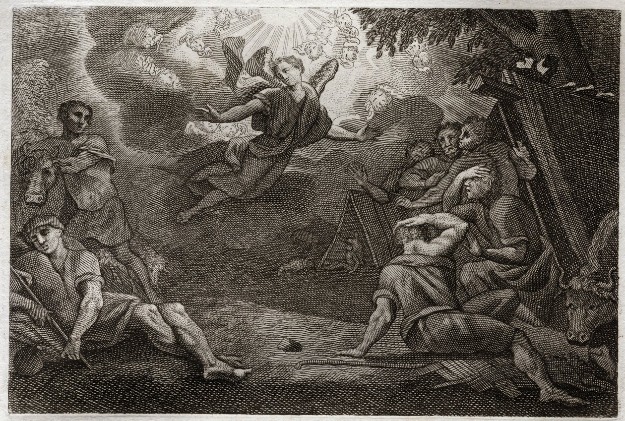 Biblia de Royaumont, Nuevo Testamento: Pastores en el Pesebre. Un ángel anuncia el nacimiento de Jesucristo a los pastores (Anunciación a los pastores). Ilustración de 1811. de Unknown artist