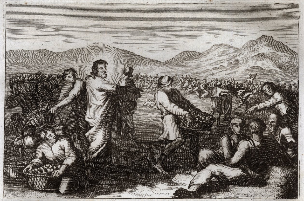 Biblia de Royaumont, Nuevo Testamento: Propagación de los panes. Jesucristo multiplica cinco panes y alimenta a cinco mil hombres. Ilustración de 1811. de Unknown artist