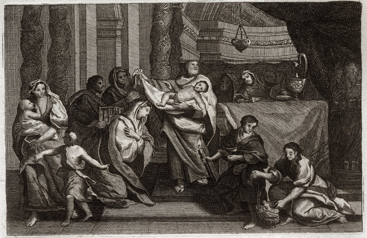 Biblia de Royaumont, Nuevo Testamento: Purificación de la Virgen o presentación en el Templo. La Sagrada Familia ofrece a Jesucristo en el Templo y lo entrega a Simeón (o Simón). Una mujer sostiene dos palomas en una cesta. Ilustración de 1811 de Unknown artist