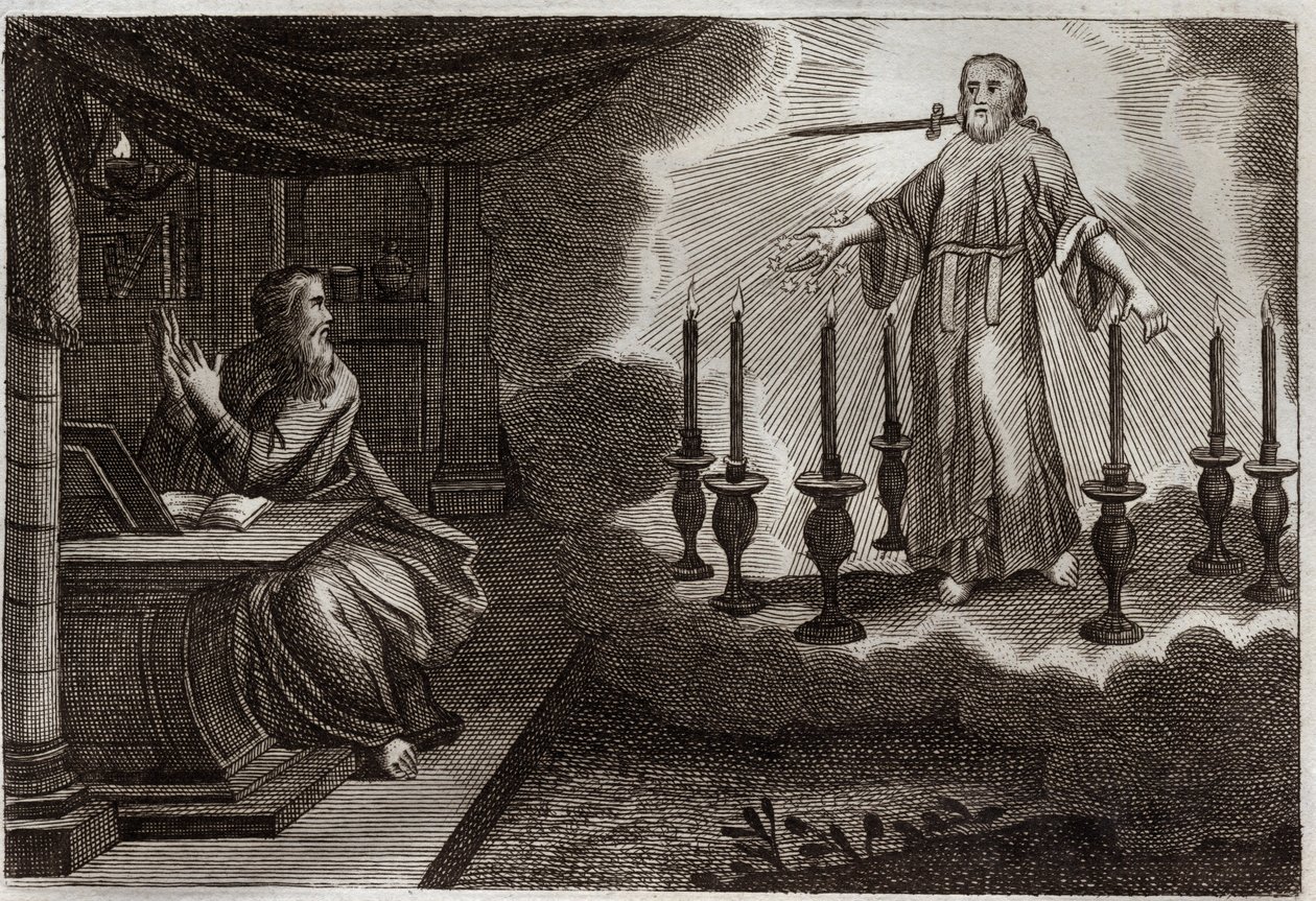 Biblia de Royaumont, Nuevo Testamento: Revelaciones de San Juan en el Apocalipsis. Jesucristo aparece a San Juan entre siete candelabros de oro, con siete estrellas en su mano derecha y una espada saliendo de su boca. Ilustración de 1811 de Unknown artist
