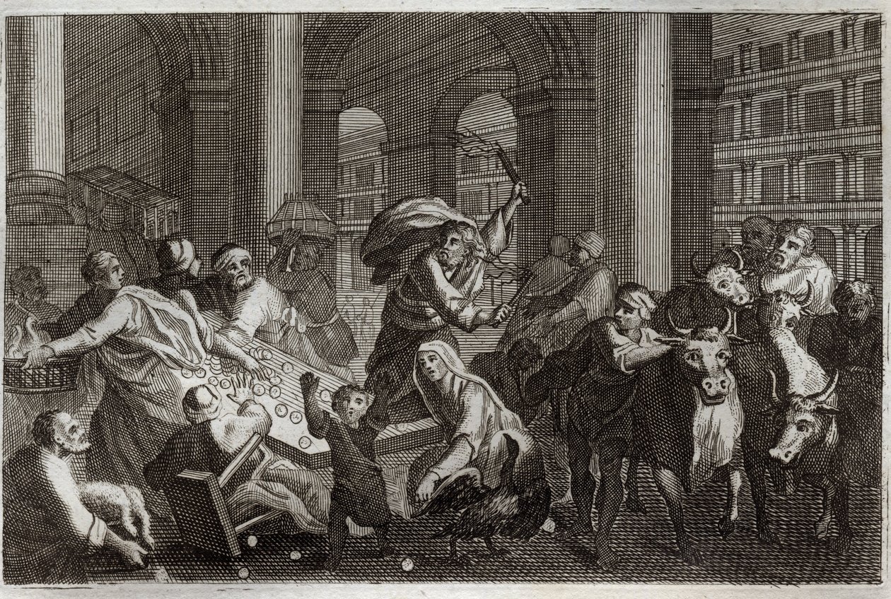 Biblia de Royaumont, Nuevo Testamento: Expulsión de los vendedores del Templo. Jesucristo expulsa del Templo a aquellos que lo profanaban con su comercio. Ilustración de 1811 de Unknown artist