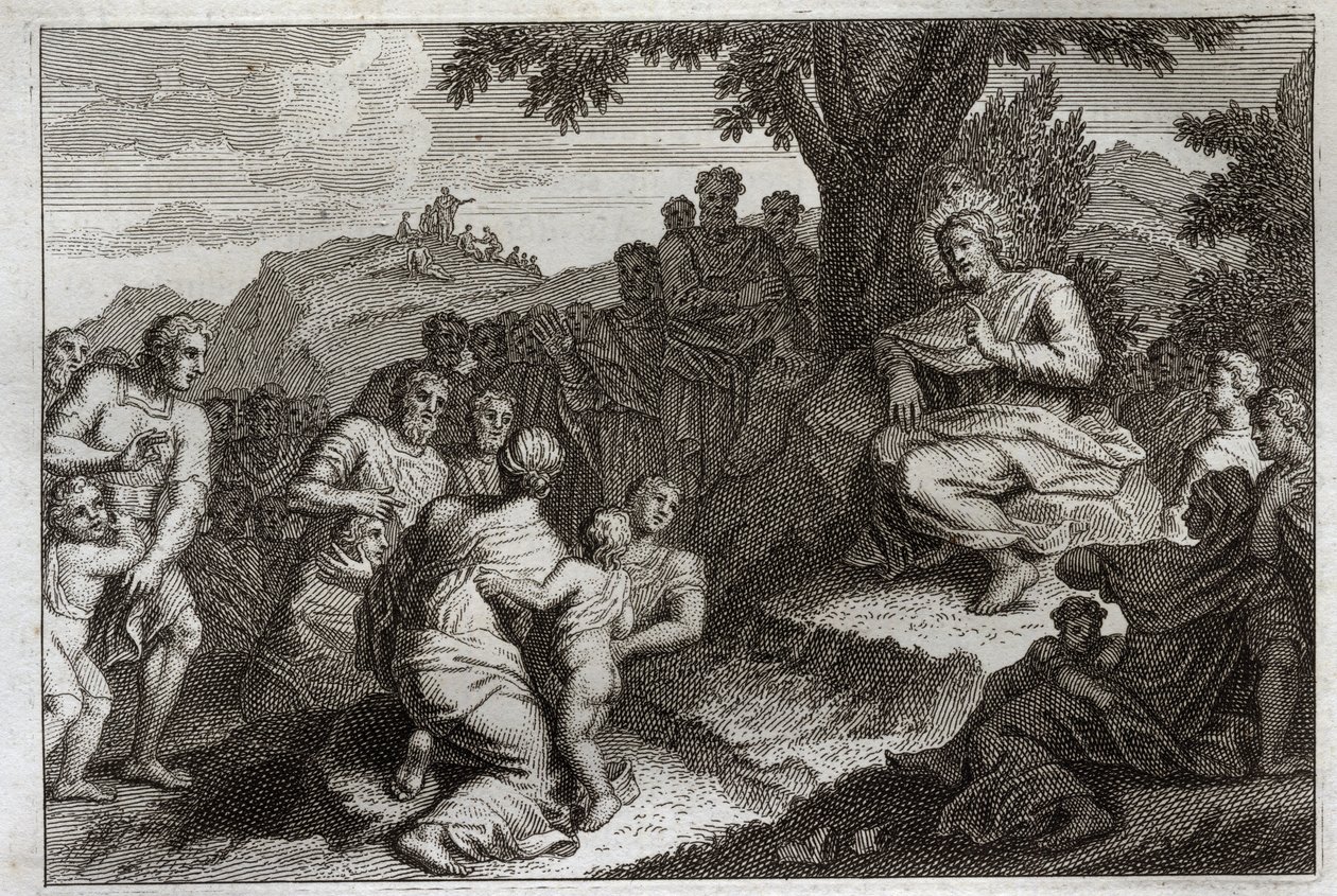 Biblia de Royaumont, Nuevo Testamento: Sermón de la montaña. Jesucristo elige a doce apóstoles de sus discípulos y les da el sermón, conocido como el Sermón de la Montaña. Ilustración de 1811. de Unknown artist