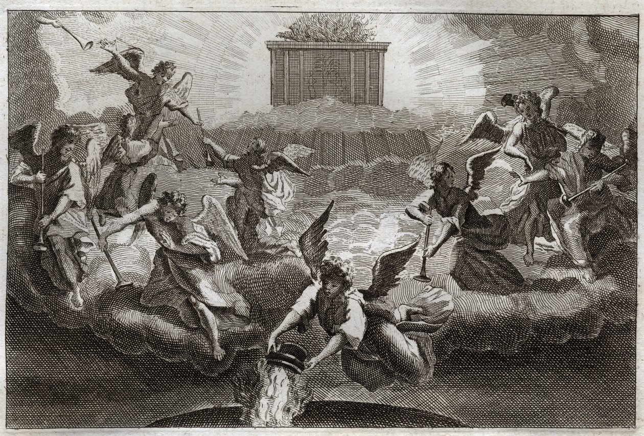 Biblia de Royaumont, Nuevo Testamento: Siete Ángeles tocando las trompetas del Apocalipsis después de la apertura del séptimo sello del libro por el Cordero. Otro ángel toma un incensario, lo llena con el fuego del Altar y lo arroja sobre la tierra. Ilustr de Unknown artist
