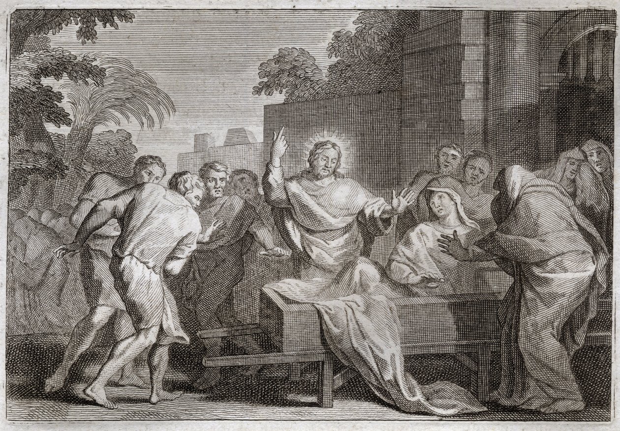Biblia de Royaumont, Nuevo Testamento: Hijo de la viuda de Naín. Jesucristo resucita al hijo de una viuda de la ciudad de Naín. Ilustración de 1811 de Unknown artist