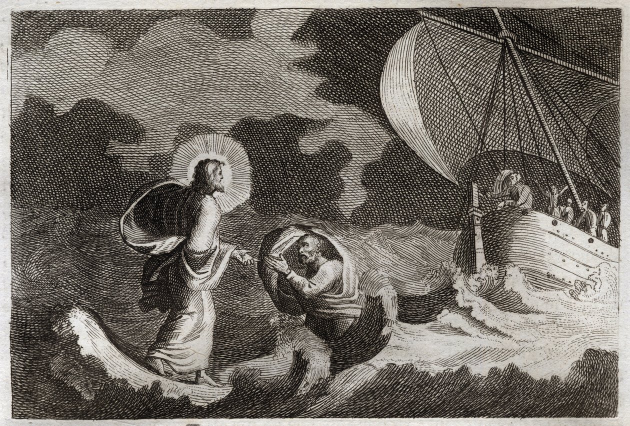 Biblia de Royaumont, Nuevo Testamento: San Pedro camina sobre el agua. Jesucristo camina sobre el mar y hace que San Pedro camine sobre él. Ilustración de 1811. de Unknown artist