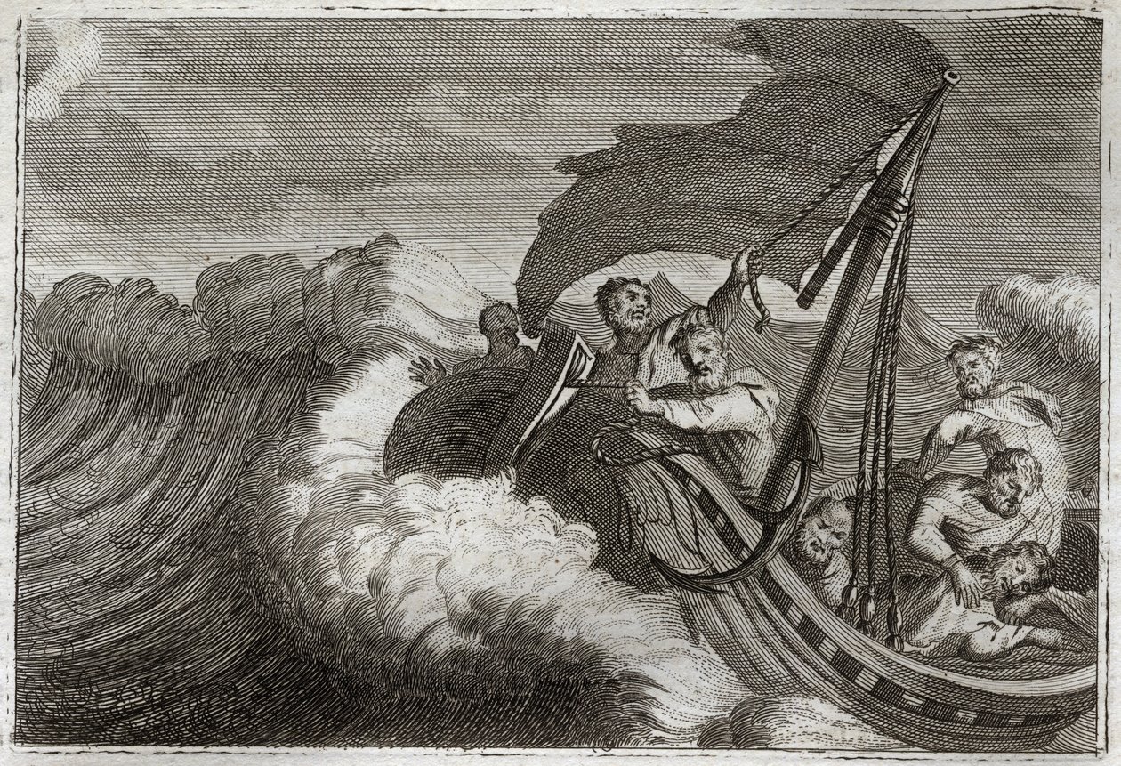Biblia de Royaumont, Nuevo Testamento: Tempestad apaciguada. Los apóstoles son sorprendidos por una tormenta, despiertan a Jesucristo que dormía en su barco, y él calma el Mar de Galilea. Ilustración de 1811. de Unknown artist