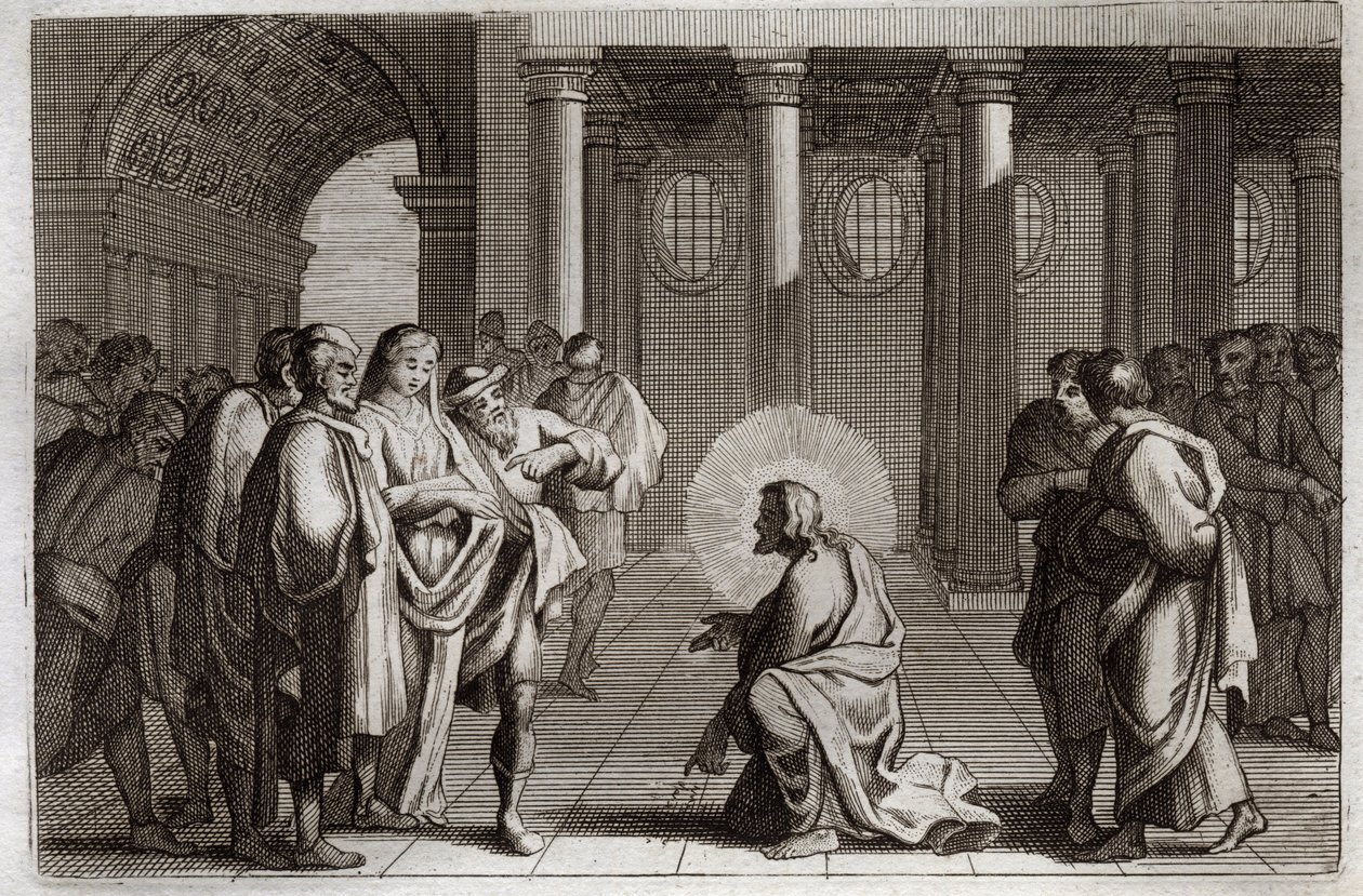 Biblia de Royaumont, Nuevo Testamento: La Mujer Adúltera. Jesucristo se desvía divinamente de las trampas que los judíos le tendieron, preguntándole qué se debía hacer con una mujer sorprendida en adulterio, diciendo, “El que de vosotros esté sin pecado, q de Unknown artist