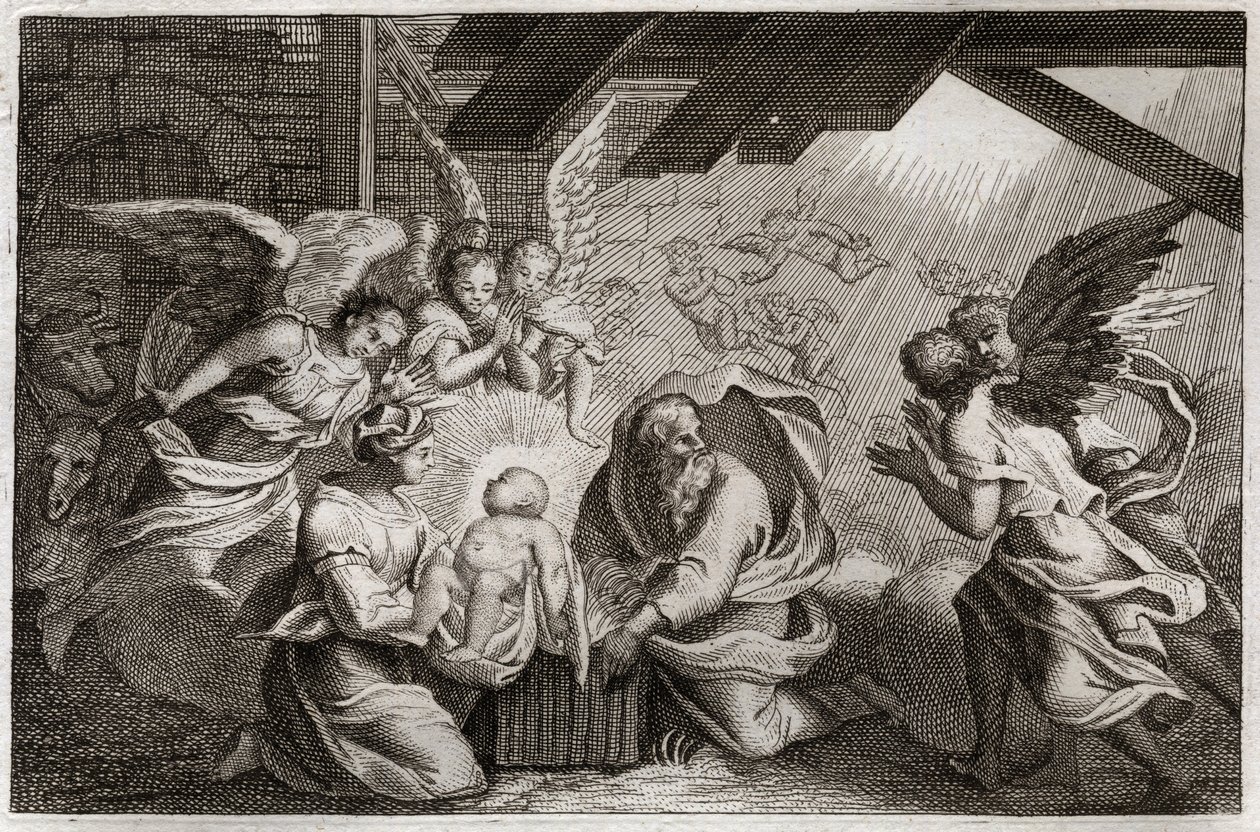 Biblia de Royaumont, Nuevo Testamento: La Natividad. Jesucristo nació de la Santísima Virgen María en un establo en Belén. Ilustración de 1811. de Unknown artist