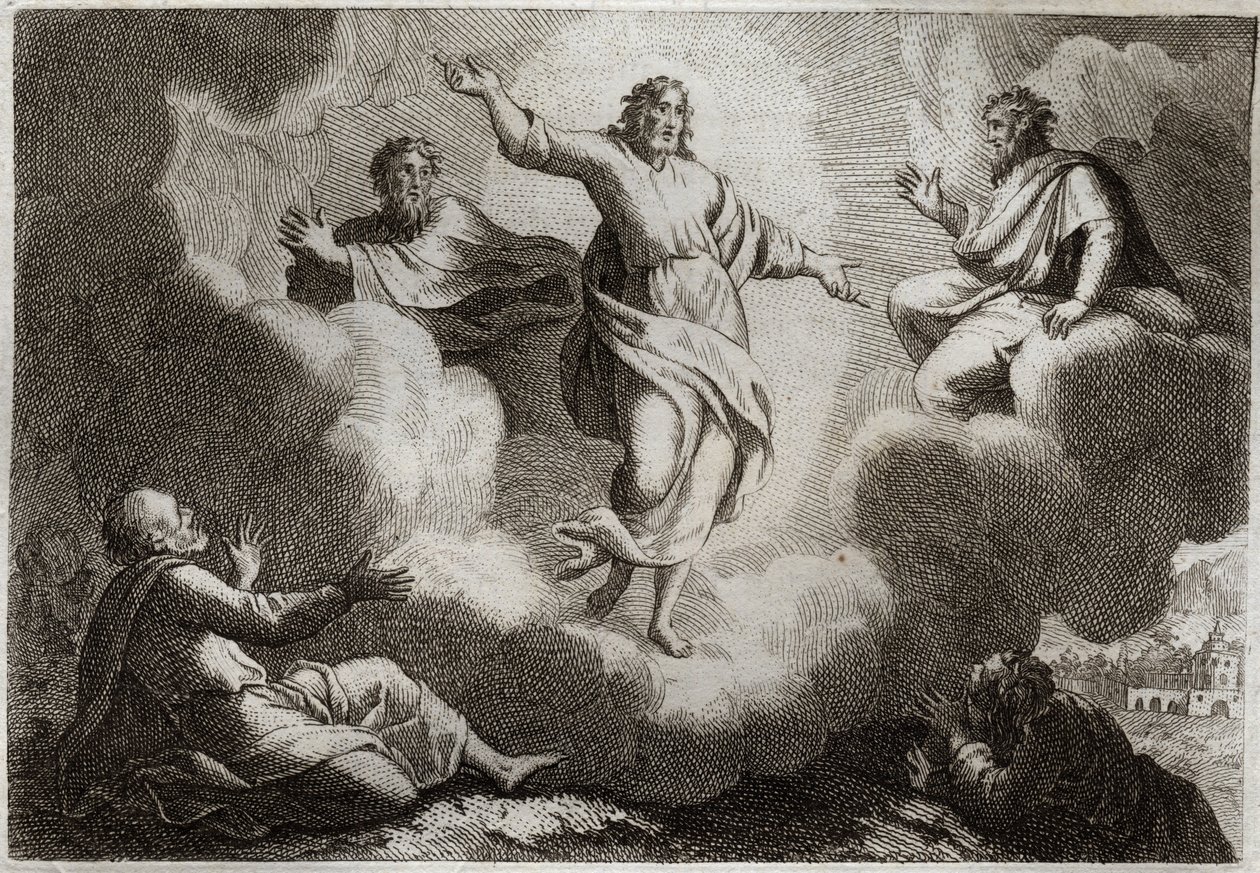 Biblia de Royaumont, Nuevo Testamento: La Transfiguración de Jesucristo. Cristo rodeado de Moisés y Elías con los apóstoles San Juan, Pedro y Santiago abajo. Ilustración de 1811. de Unknown artist