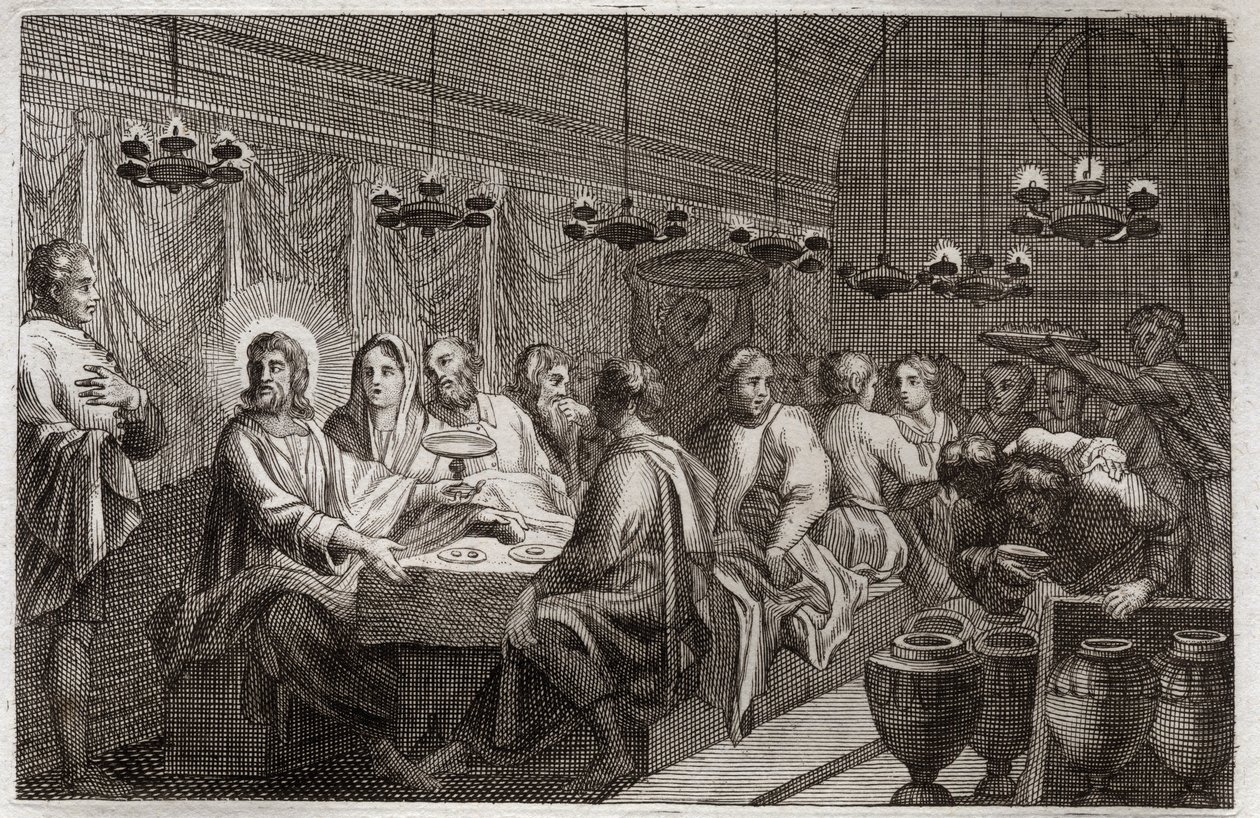 Biblia de Royaumont, Nuevo Testamento: Las bodas de Caná. Primer milagro de Jesucristo que convirtió el agua en vino. Ilustración de 1811. de Unknown artist