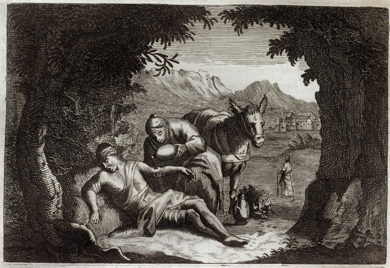 Biblia de Royaumont, Nuevo Testamento: La parábola del Buen Samaritano. El Samaritano se detiene en su camino para rescatar al hombre en apuros. Ilustración de 1811 de Unknown artist
