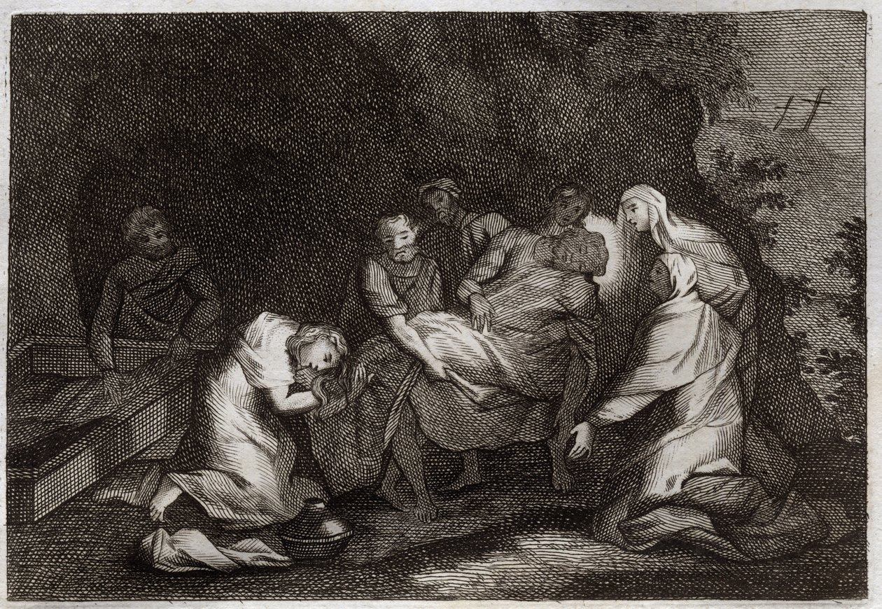 Biblia de Royaumont, Nuevo Testamento: Sepulcro. Sepulcro de Jesucristo. Entre los personajes que rodean el cuerpo de Jesucristo: la Virgen María, San Nicodemo, San José de Arimatea, San Juan Evangelista y Santa María Magdalena. Ilustración de 1811. de Unknown artist