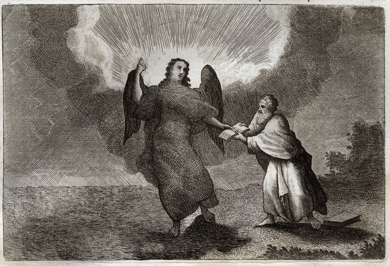 Biblia de Royaumont, Nuevo Testamento: Visión de San Juan. Visión del ángel con un libro abierto que da a San Juan para devorarlo. Ilustración de 1811. de Unknown artist