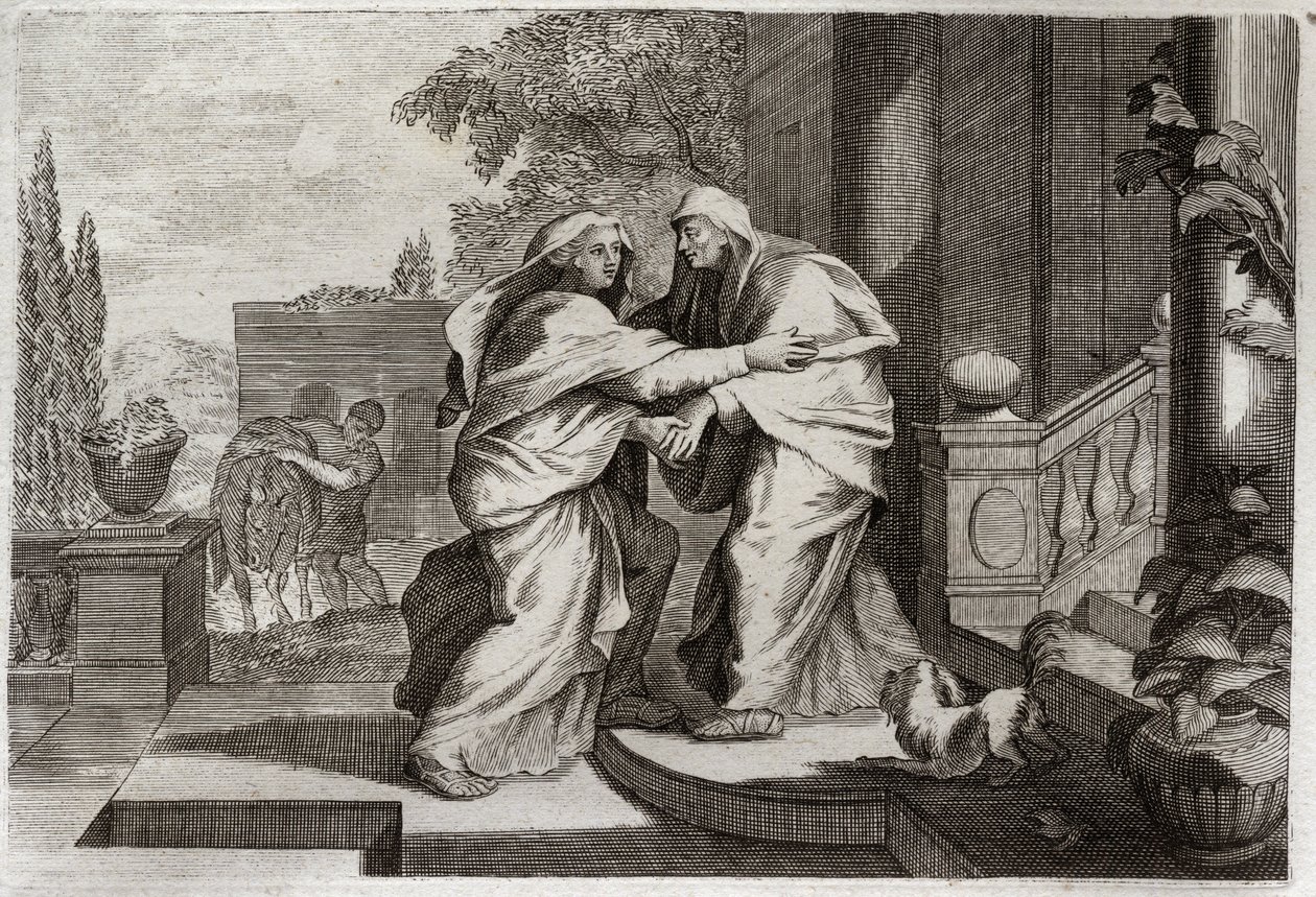 Biblia de Royaumont, Nuevo Testamento: La Visitación. La Santísima Virgen María visita a su prima Isabel. Ilustración de 1811. de Unknown artist
