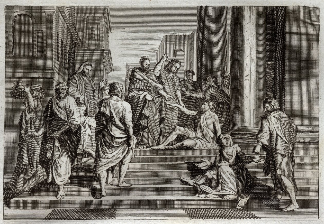 Biblia de Royaumont, Nuevo Testamento: Guerra del cojo. San Pedro, acompañado de San Juan, cura milagrosamente a un cojo en Jerusalén. Ilustración de 1811 de Unknown artist