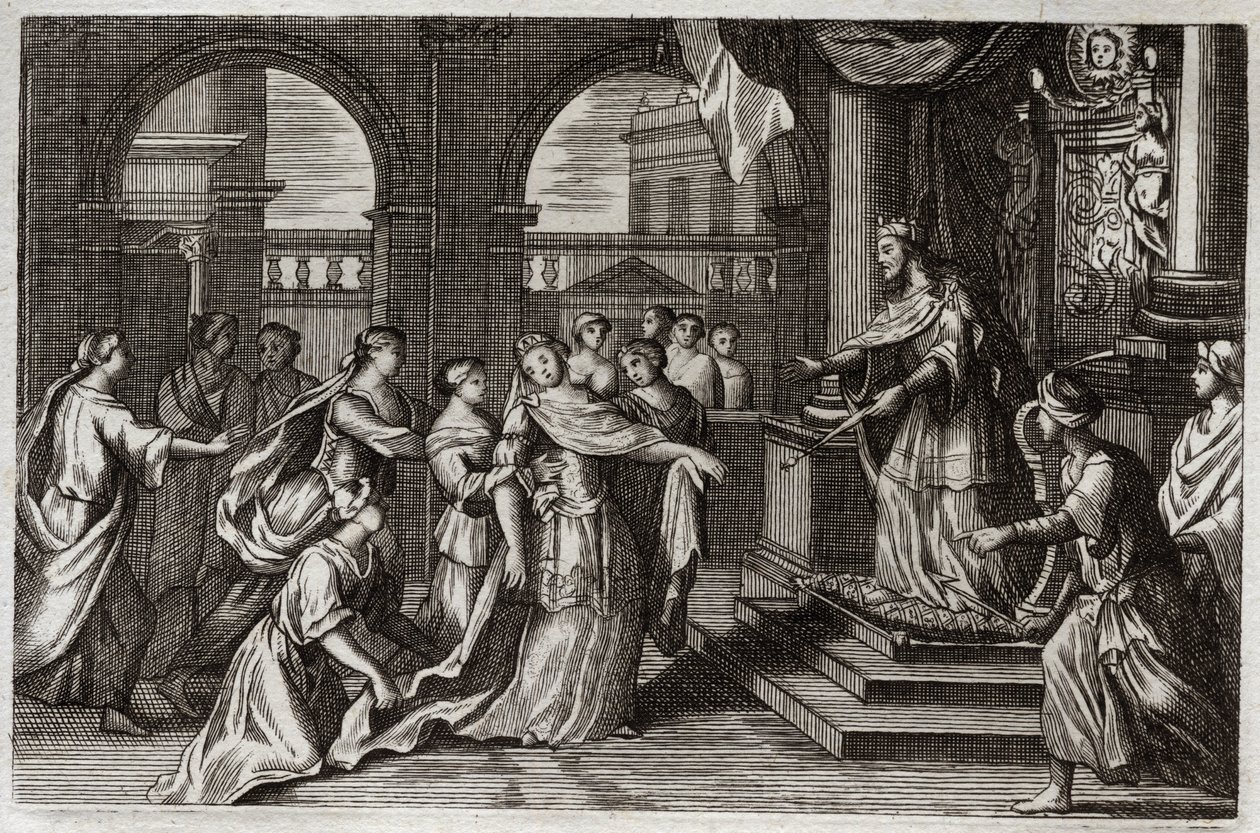 Biblia de Royaumont, Antiguo Testamento: Ester se presenta ante el rey Jerjes I (Asuero I), con la intención de salvar a su pueblo de la muerte que lo amenazaba. Ilustración de 1811. de Unknown artist