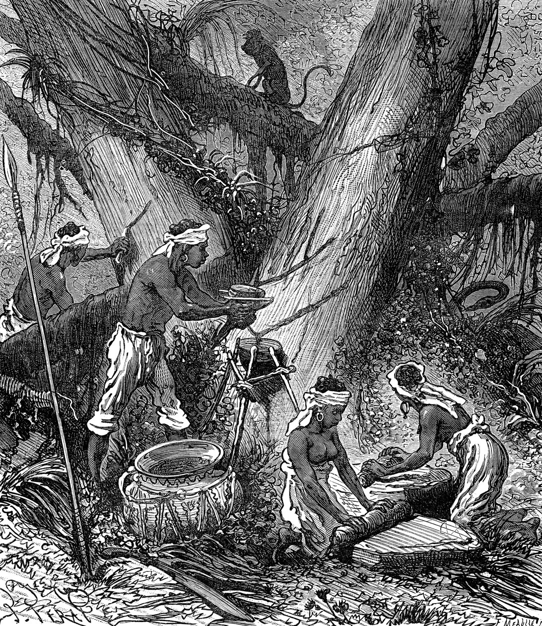 Recogida de caucho en el bosque de Malasia (grabado) de Unknown Artist