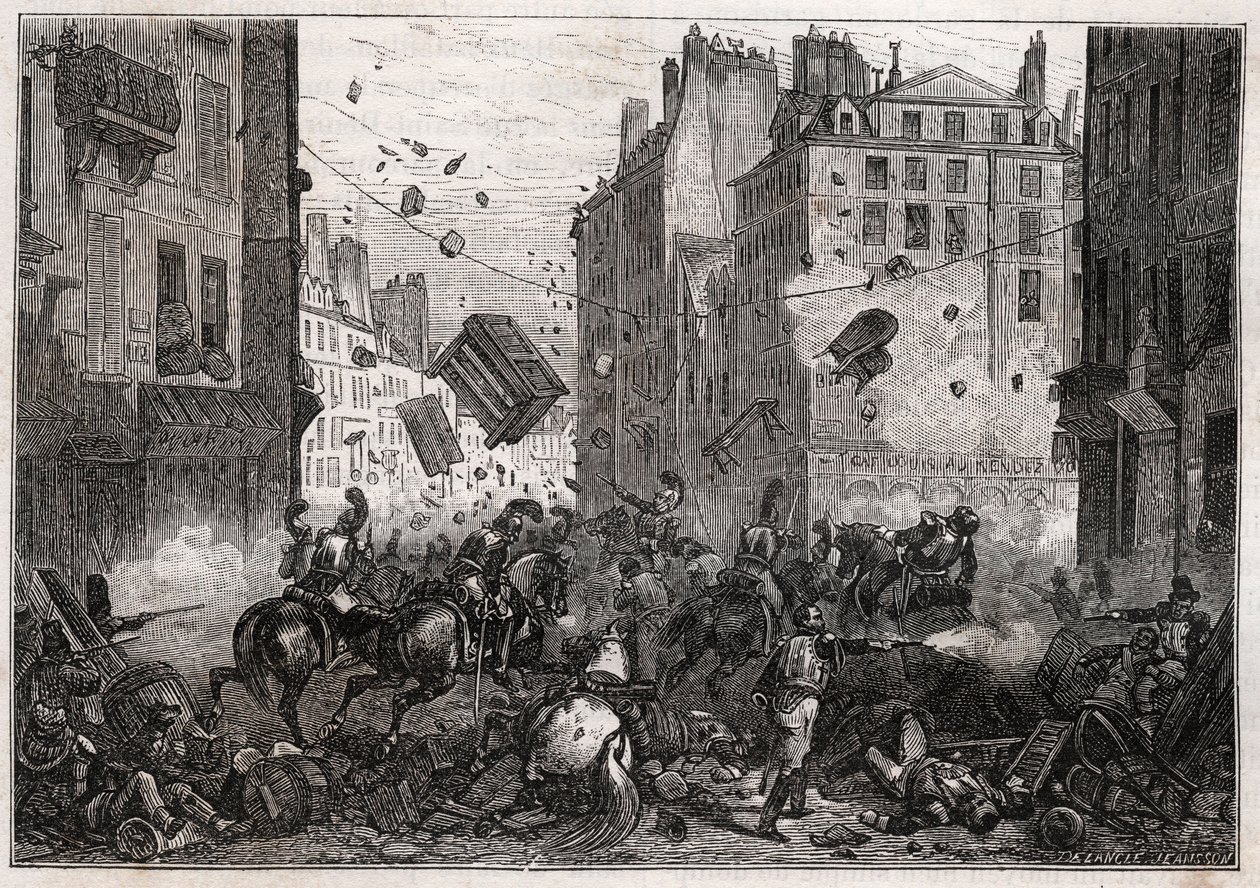 Rue Saint-Antoine durante las Tres Gloriosas (julio de 1830) - Revolución de 1830 Lucha en la barricada en Rue Saint-Antoine en 1830 de Unknown artist