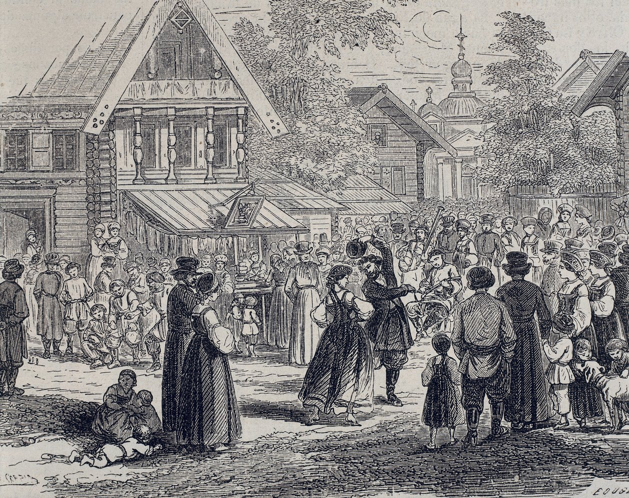 Rusia (siglo XIX). Fiesta en un pueblo. 1879 (grabado) de Unknown artist