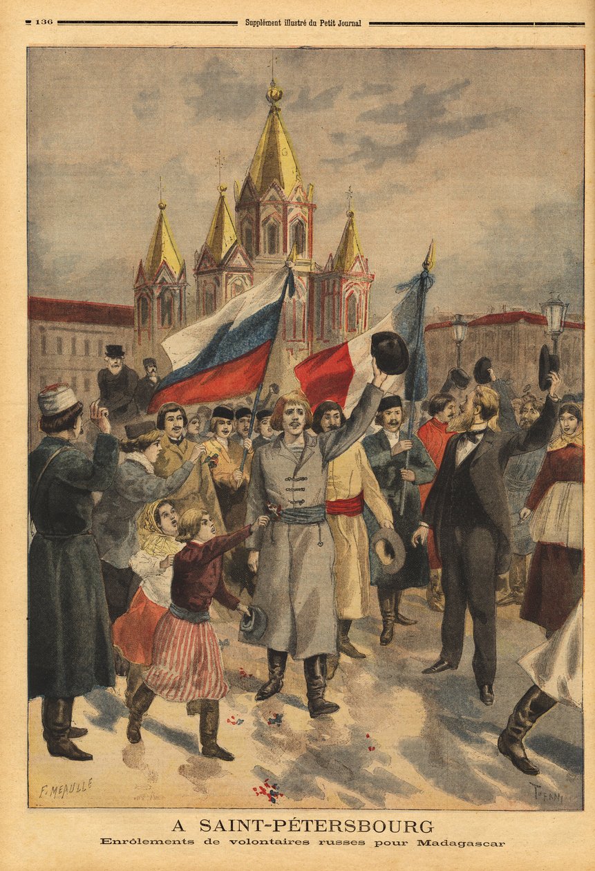 Voluntarios rusos en San Petersburgo para la expedición francesa a Madagascar. Grabado en "Le petit journal" 28/04/1895. Colección de Selva. de Unknown artist