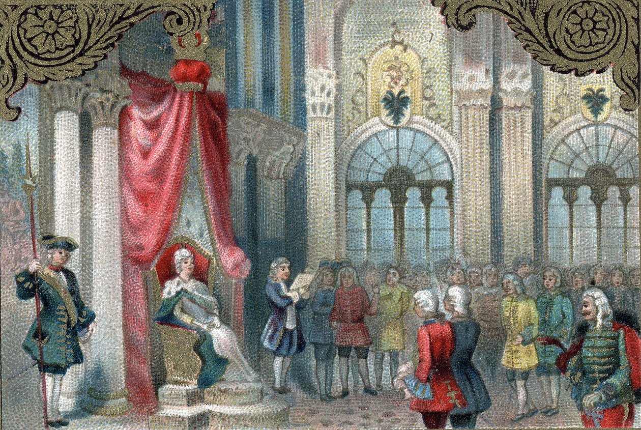 Política de modernización de Rusia: Catalina II de Rusia (1729-1796) proclama la reorganización del Imperio Ruso. En 1785 otorgó muchos más poderes y derechos a los nobles del Imperio. Cromolitografía tardía del siglo XIX. de Unknown artist