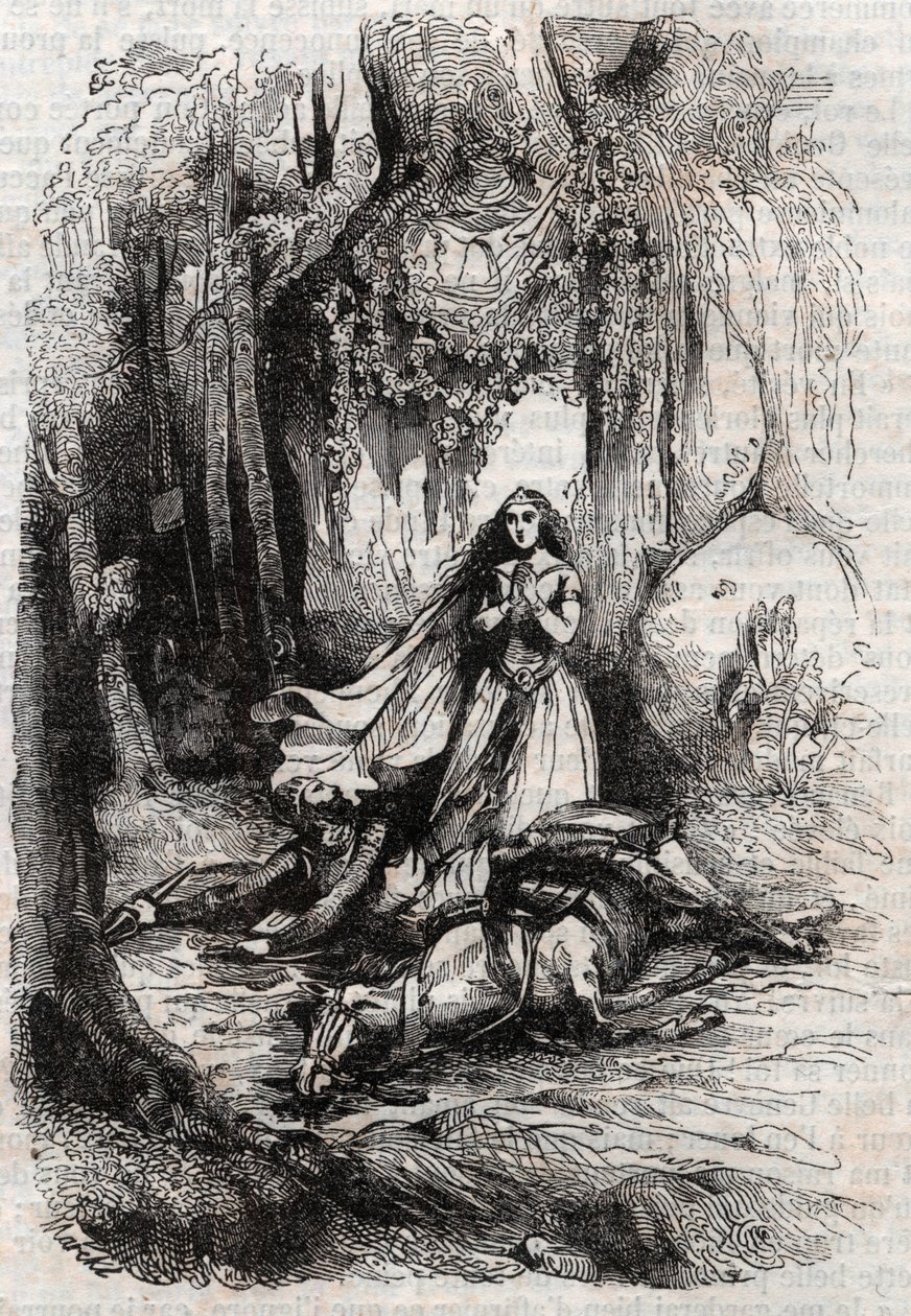 Sacripante desmontado en presencia de Angélica - grabado de 1851 de 