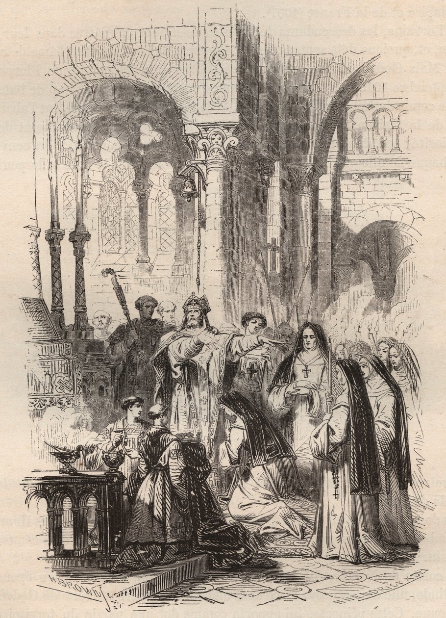 Navegación de Santa Cunegunda de Luxemburgo (ca. 975-1033/1039) en 1024, entregada por el obispo de Paderborn Meinwerk (ca. 975-1036) en la abadía benedictina de Kaufungen en Alemania. Grabado de 1868 en “Histoire de Belgique desde los tiempos primitivos h de Unknown artist