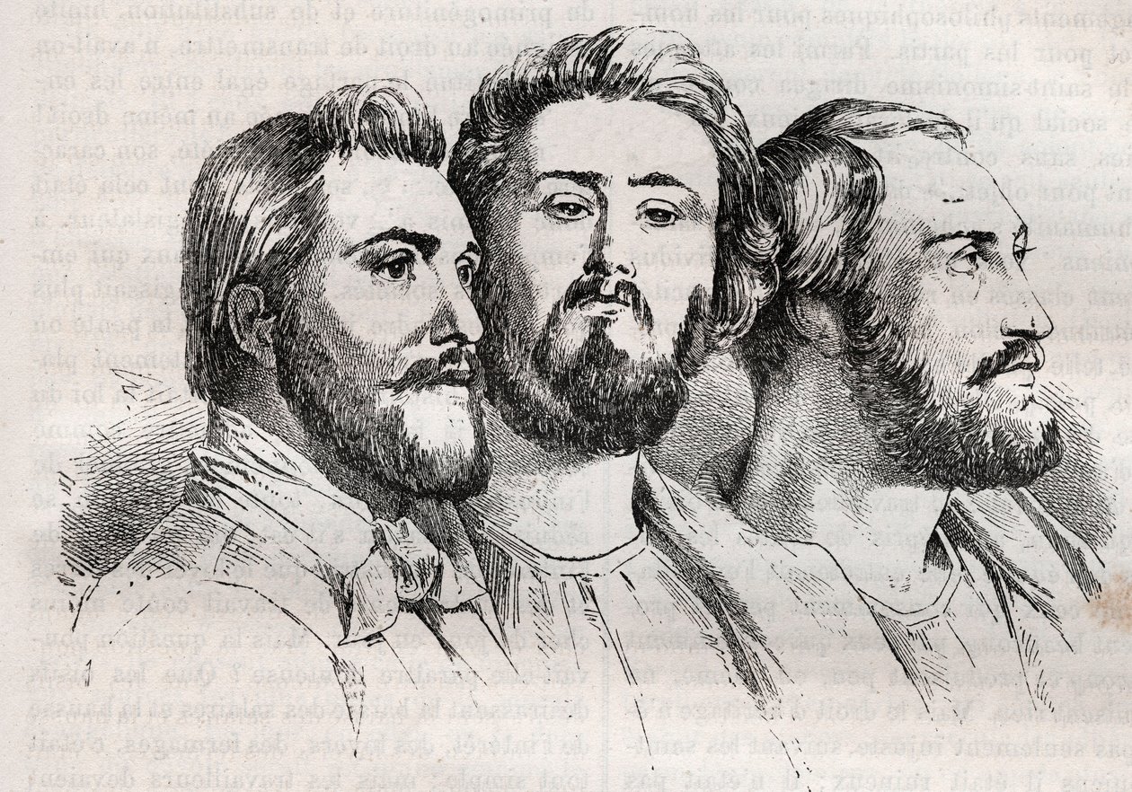 Saint-Simonianismo - Saint-Simonianos - Charles Duveyrier (1803-1866) - Émile Barrault (1799-1869) - Michel Chevalier (1806-1879) - Grabado de 1882 en “Histoire de dix ans: 1830-1840” Louis-Blanc (1811-1882) de Unknown artist