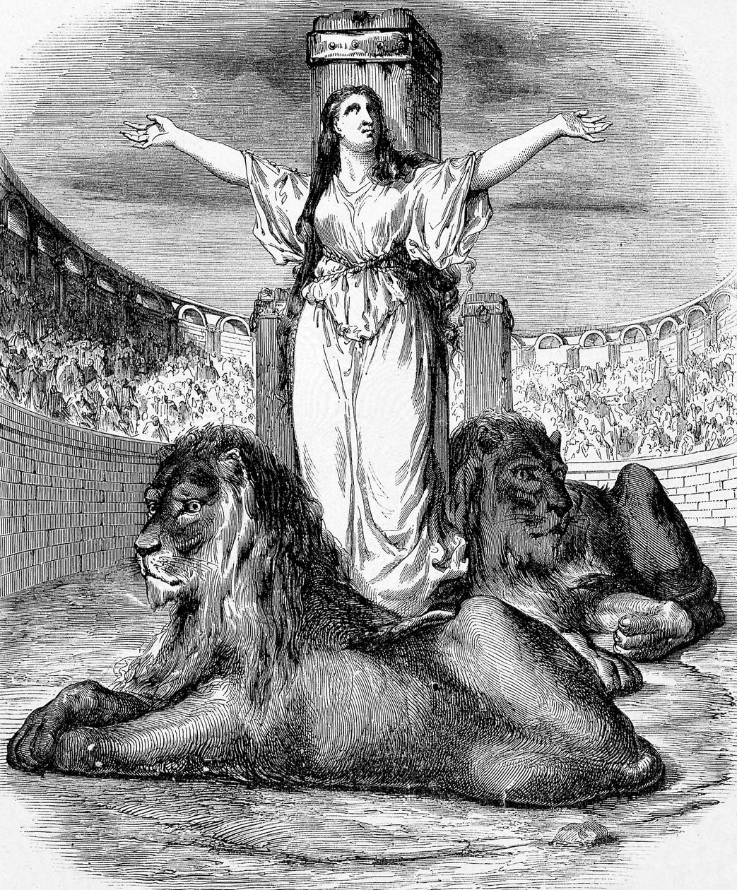 Santa Blandina, joven esclava cristiana, martirizada en el anillo de leones en Lyon en 177, grabado de Unknown artist